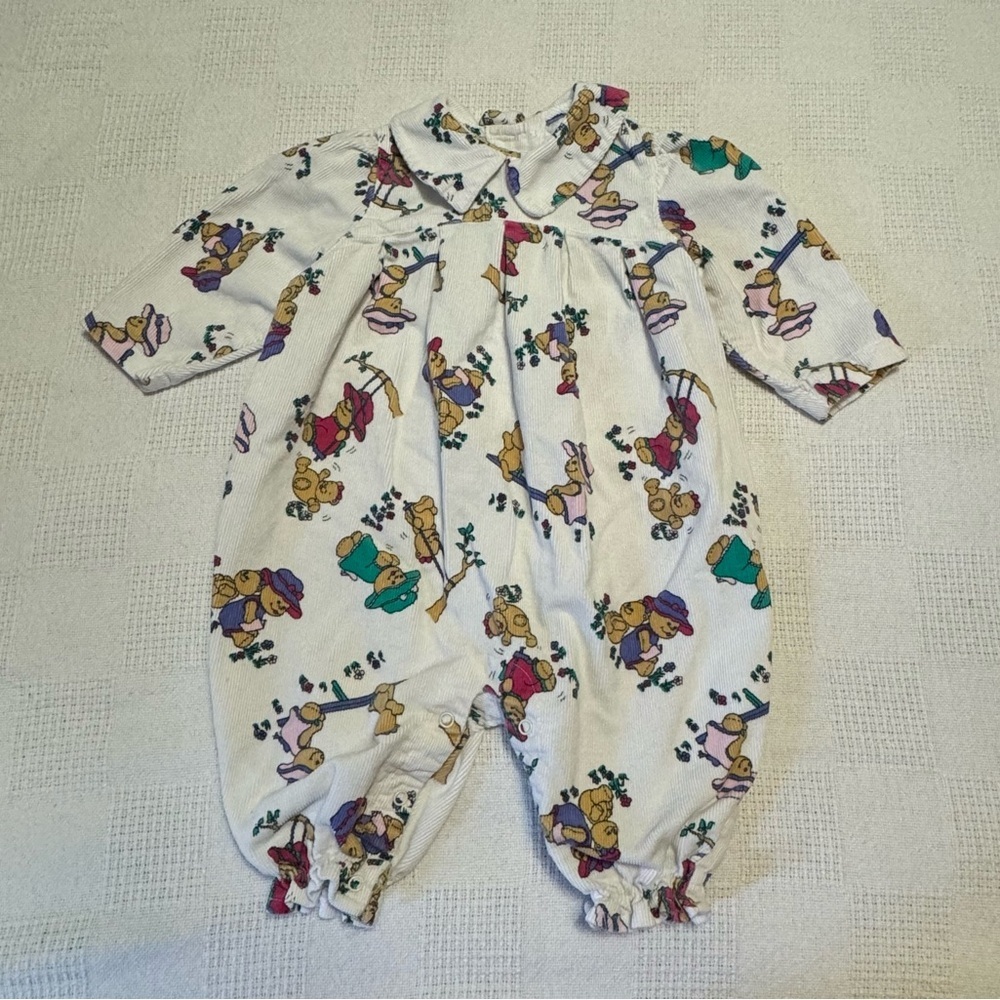 Vintage Charming Kids Footie with Bear Print - White and Multicolor Unisex